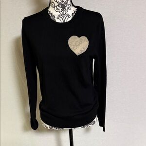 Trina Turk Black Crewneck Sweater with Gold Heart Merino Wool